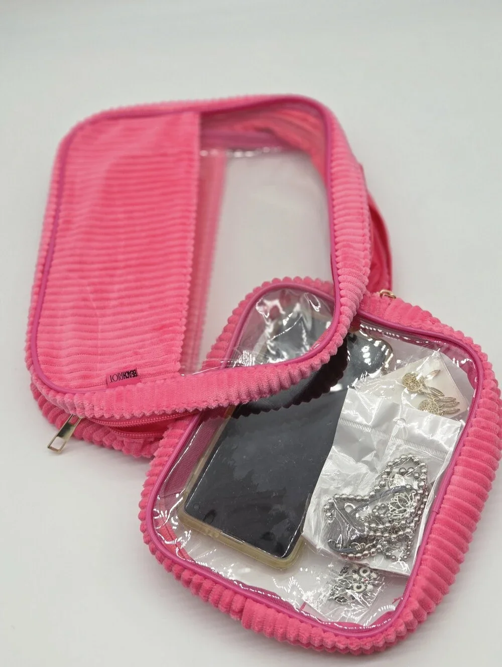 Beach Riot Clear Cosmetic Travel Duo with Pink Corduroy Trim
